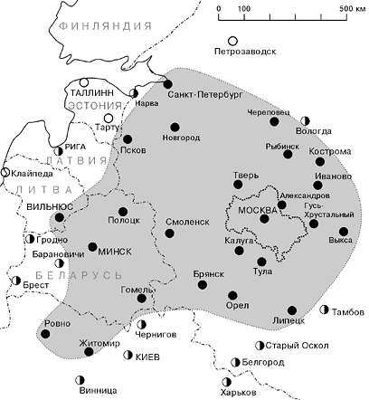 Ареал задымления воздуха в период 1-10 сентября 2002 года (мгла отмечалась 5 дней и более).